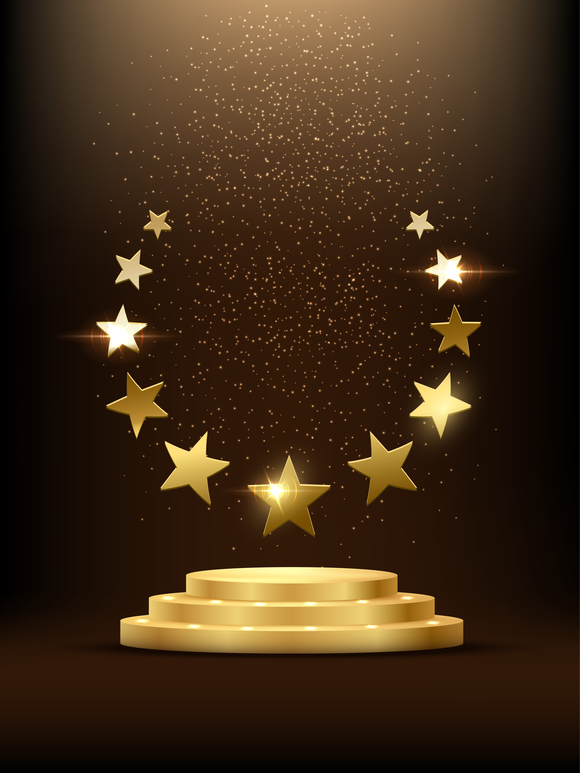 Golden podium with stars glowing. Gold stage with glitter and light smoke on dark background. Hollywood fame in film and cinema or championship in sport vector illustration.